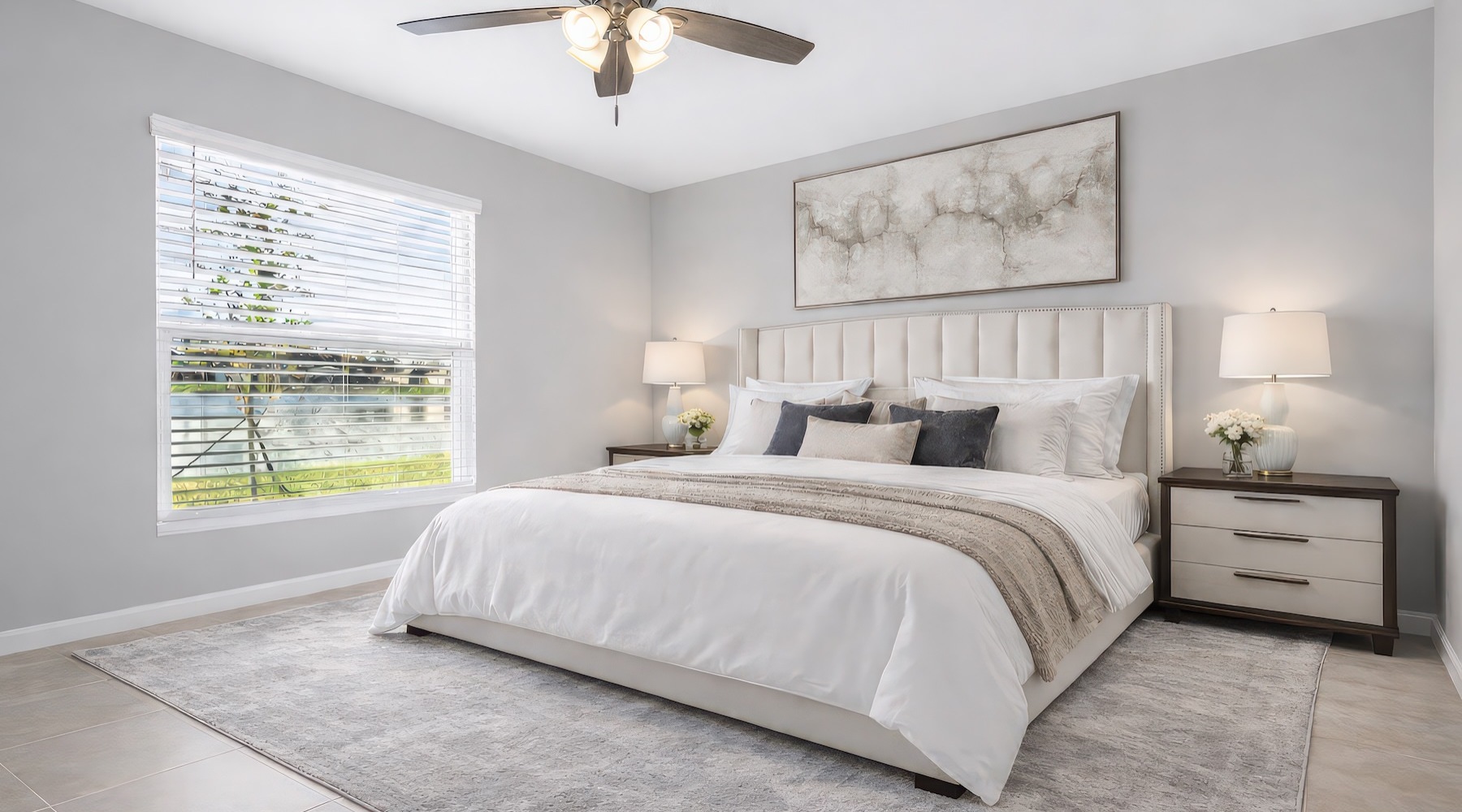 a bedroom with a bed and two nightstands