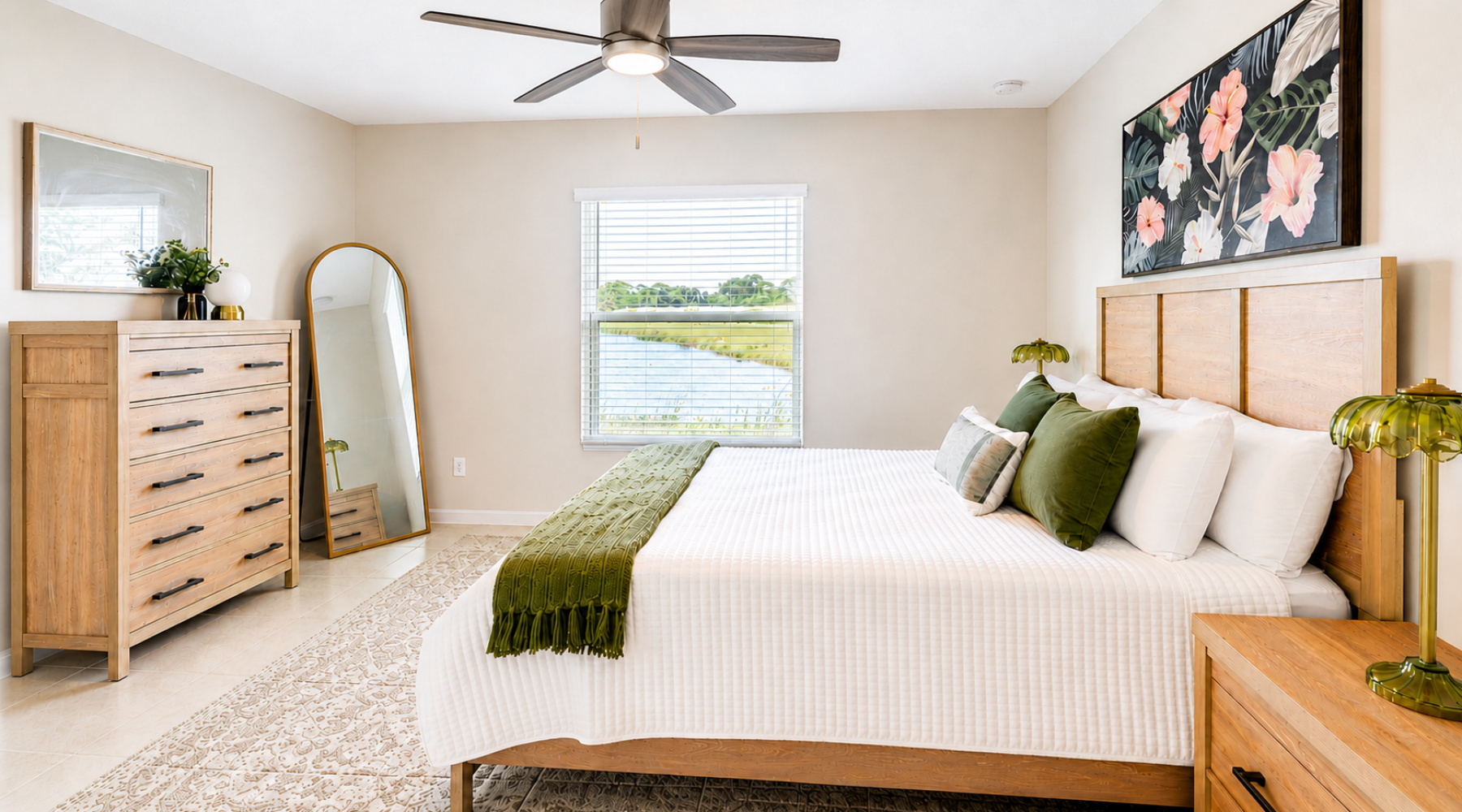 a bedroom with a bed and two nightstands